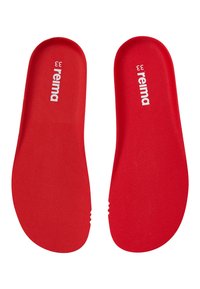Czerwone wkładki o gładkiej fakturze, z nazwą marki "reima" nadrukowaną na biało. Zaprojektowane do dopasowania do butów w rozmiarze 33.