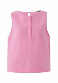 Rosa ärmelloses Oberteil mit strukturierter Oberfläche, zentralem Knopfverschluss auf der Rückseite und geradem Saum.