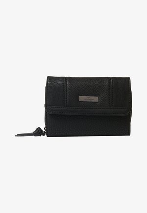 Portafoglio in pelle nera con superficie texture, chiusura con zip e un'etichetta logo in tonalità argentata sul fronte. Forma rettangolare compatta.
