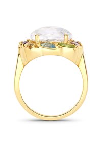 Bague en or avec une grande pierre précieuse ovale claire, entourée de plus petites pierres colorées. Surface lisse et polie ; caractéristiques de design moderne.