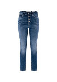 Tanke kavbojke v srednje modrem denimu, z visokim pasom, zapiranje na pet gumbov, rahlo zbledelost na stegnih, klasičen pet-pocket stil.