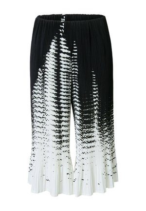 Schwarz-weiße, plissierte Hose mit weitem Bein und abstraktem Verlaufsmuster, das von Schwarz an der Taille zu Weiß am Saum übergeht.