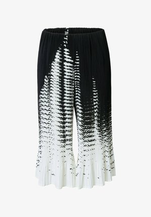 Schwarz-weiße, plissierte Hose mit weitem Bein und abstraktem Verlaufsmuster, das von Schwarz an der Taille zu Weiß am Saum übergeht.