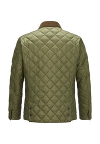 Olivgrüne gesteppte Jacke mit Rautenmuster, braunem geripptem Kragen und Knopfakzenten am Saum und an den Manschetten.