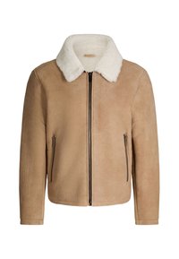 Giacca in camoscio color cammello con colletto in shearling bianco, chiusura frontale con cerniera e due tasche laterali con zip. Texture liscia con design minimalista.