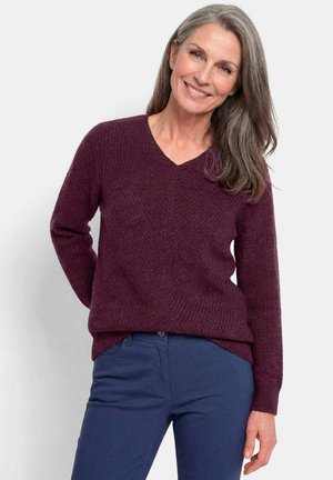Femme d'âge moyen souriante aux longs cheveux gris, portant un pull en maille violet et un pantalon bleu, debout devant un fond clair uni.