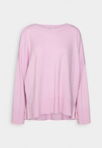 Pull en tricot rose à manches longues avec une coupe décontractée, des fentes latérales et un large décolleté. Texture douce avec des poignets et un ourlet côtelés.
