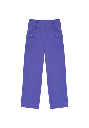 Lilla bukser med vide ben, høj talje og knap-lommeklapper foran, vist mod en hvid baggrund.