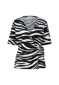 Zebraprint wikkeltop in zwart-wit met een V-hals, korte mouwen en een zijstrikdetail. Soepele, rekbare stof met een lichte feel.