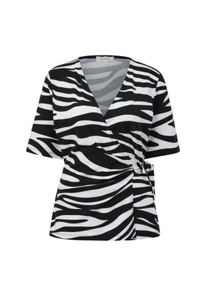 Haut enveloppant à imprimé zèbre noir et blanc avec un décolleté en V, des manches courtes et un détail de lien sur le côté. Tissu lisse et extensible avec une sensation légère.