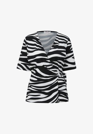 Zebraprint wikkeltop in zwart-wit met een V-hals, korte mouwen en een zijstrikdetail. Soepele, rekbare stof met een lichte feel.