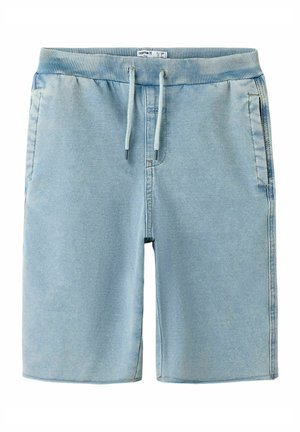 Svetlomodré rifľové šortky s rebrovaným elastickým pásom a prednými vreckami, s bielymi šnúrkami a prešívanými detailmi.