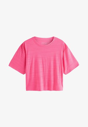 T-shirt corta a maniche corte, croppato, di un vivace colore rosa, realizzato in un tessuto strutturato con sottili strisce orizzontali e un design a collo rotondo.