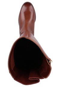 Botte haute jusqu'au genou en cuir marron avec un bout arrondi, une texture lisse et un détail de fermeture éclair dorée sur le côté. Intérieur doublé de matériau doux.