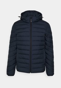 Navyblaue gepolsterte Jacke mit horizontalen Nähten, Frontreißverschluss, elastischen Bündchen und verstellbarer Kapuze mit Kordelzügen.