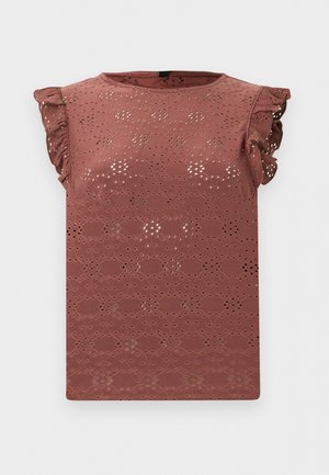 Blouse sans manches rose poudré avec motif en dentelle ajourée et épaules volantées.