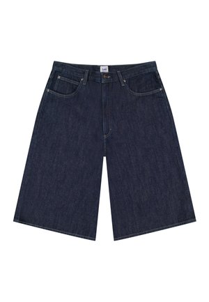 Ciemnoniebieskie spodenki dżinsowe do kolan z przednimi kieszeniami, szlufkami na pasek i zapięciem na guzik.