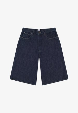 Dark blue denim knee-length shorts with front pockets, belt loops, and a button closure.