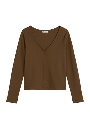 Brown ribbed long-sleeve button-up top with V-neck and fitted silhouette.