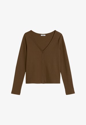 Braunes, geripptes Langarm-Top mit Knöpfen, V-Ausschnitt und figurbetonter Silhouette.