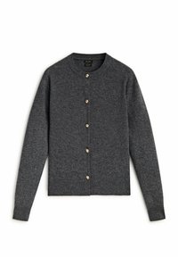 Cardigan gris foncé en matériau tricot doux. Dispose d'un décolleté arrondi, de manches longues et de boutons dorés sur le devant.