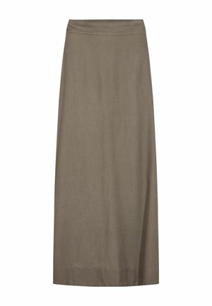 Gonna midi in lino marrone con una forma dritta, vita elastica e una texture liscia. Senza motivi visibili o dettagli metallici.