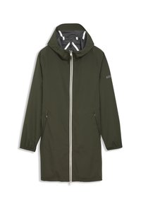 Manteau léger vert olive avec capuche, doté d'une fermeture éclair avant, de deux poches latérales et de poignets élastiques. Design simple avec des accents minimes.