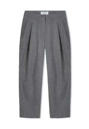 Grau hoch taillierte, weit geschnittene Hose mit Falten, Seitentaschen, Knopf- und Reißverschluss sowie einem Studio 87 Etikett am Bund.