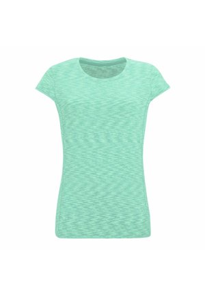 Light green short-sleeve fitted women's athletic t-shirt with subtle heather texture and round neckline.