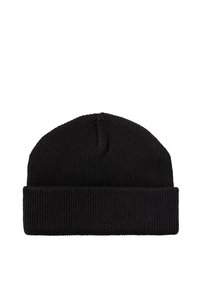 Black knitted beanie hat with a ribbed texture, featuring a folded cuff and a seamless top design.