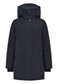 Manteau imperméable bleu marine foncé avec capuche, boutons-pression devant et poches latérales à rabat, manches longues avec poignets intérieurs.