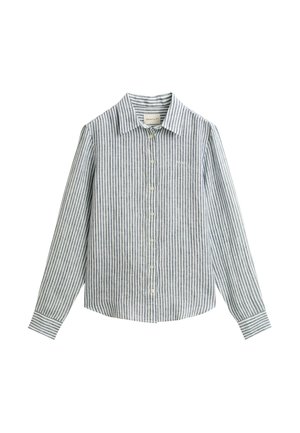 Overhemd met lange mouwen met blauw-witte verticale strepen, een puntige kraag en mouwen met manchetten.