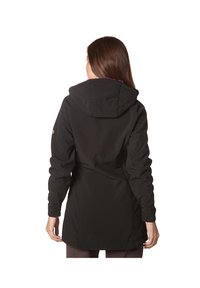 Schwarze wasserdichte Jacke mit Kapuze, langen Ärmeln und tailliertem Schnitt. Verfügt über einen strukturierten Stoff und ein lila gemustertes Futter.