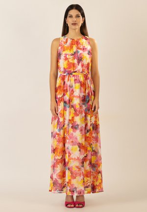 Blumiges Maxikleid in lebhaften Farben von Rosa, Orange und Gelb. Verfügt über einen gerafften Ausschnitt und einen Stoffgürtel in der Taille.
