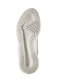 Hvit gummisåle med teksturert mønster med sikksakk- og fiskebeinsdesign. Inkluderer et graverte logo nær hælen.