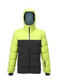Gepolsterte Jacke in lebhaftem Neon-Gelb und Schwarz, mit einem Reißverschluss vorne, verstellbarem Kapuzen und Reißverschlusstaschen an den Seiten und Ärmeln.