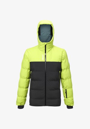 Veste rembourrée en jaune néon vif et noir, dotée d'une fermeture éclair à l'avant, d'une capuche ajustable et de poches zippées sur les côtés et les manches.