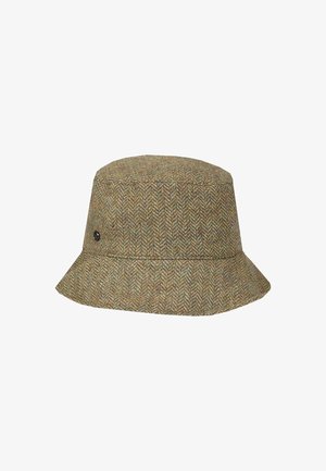 Cappello a secchiello in tweed marrone con un sottile motivo a spina di pesce e un piccolo logo rotondo in metallo sul lato.