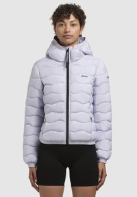 Light purple puffer jacket with a fitted design, high collar, and zip closure. Features wavy pattern and KHUJO logo on the chest.