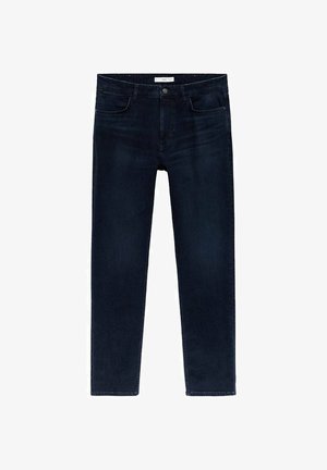 Jeans in denim blu scuro a gamba dritta con tasche frontali e chiusura con bottone in vita.