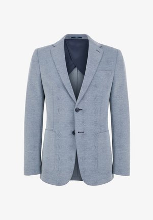 Jasnoniebieska marynarka z teksturowanej tkaniny, charakteryzująca się jednorzędowym zapięciem, klapami, dwiema przednimi kieszeniami i trzema guzikami.