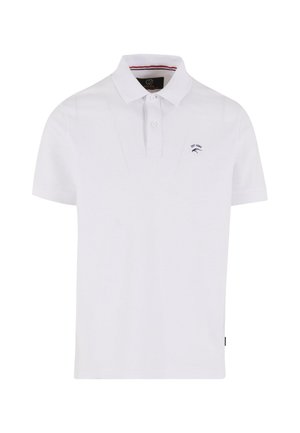 Baltas trumpų rankovių polo marškinėliai su dviem mygtukais, mažas siuvinėtas logotipas ir tekstas "EST. 1983" kairiajame krūtinės plote.