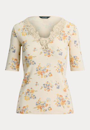 Lauren Ralph Lauren, FLORAL LACE-TRIM RIB-KNIT TOP - T-shirt imprimé - cream multi