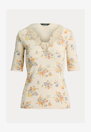 Lauren Ralph Lauren, FLORAL LACE-TRIM RIB-KNIT TOP - Μπλουζάκι με στάμπα - cream multi