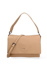 Borsa a tracolla in pelle beige con una superficie liscia, dotata di chiusura a scatto, tracolla regolabile e dettagli in metallo argentato.