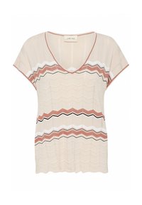 Beige gebreide top met een V-hals, korte mouwen en een golvend gestreept patroon in roze, wit en zwart. Lichtgewicht materiaal met een ontspannen pasvorm.