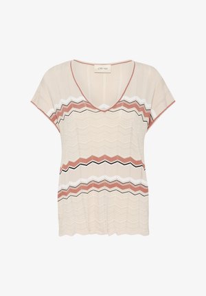Bežna pletena majica z V-izrezom, kratkimi rokavi in valovitim črtastim vzorcem v roza, beli in črni barvi. Lahka struktura z udobnim krojem.