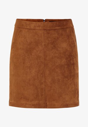 Brown suede mini skirt with a smooth texture, straight cut, and a discreet back zipper. Features seam detailing for structure.