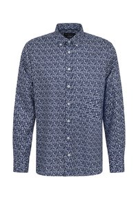 Marineblaues Hemd mit Knöpfen und weißem geometrischen Muster, ausgestattet mit einem klassischen Kragen und langen Ärmeln. Aus einem glatten Stoff gefertigt.