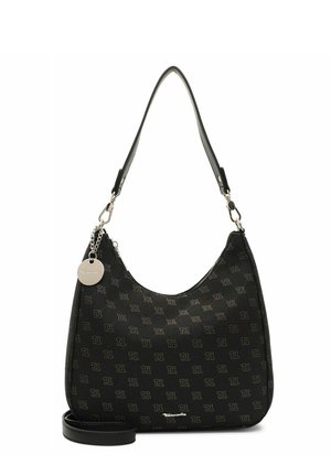 Schwarze Handtasche mit durchgehendem TL-Logo-Muster, silbernem Reißverschluss, rundem Silberanhänger, kurzem Griff und abnehmbarem langem Riemen.